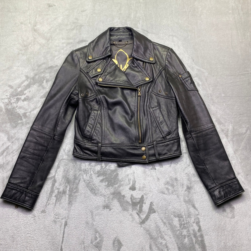 VTG Guess Womens Black Leather Moto Biker Jacket Asymmetrical Zip Brass Sz S/P - Picture 1 of 12